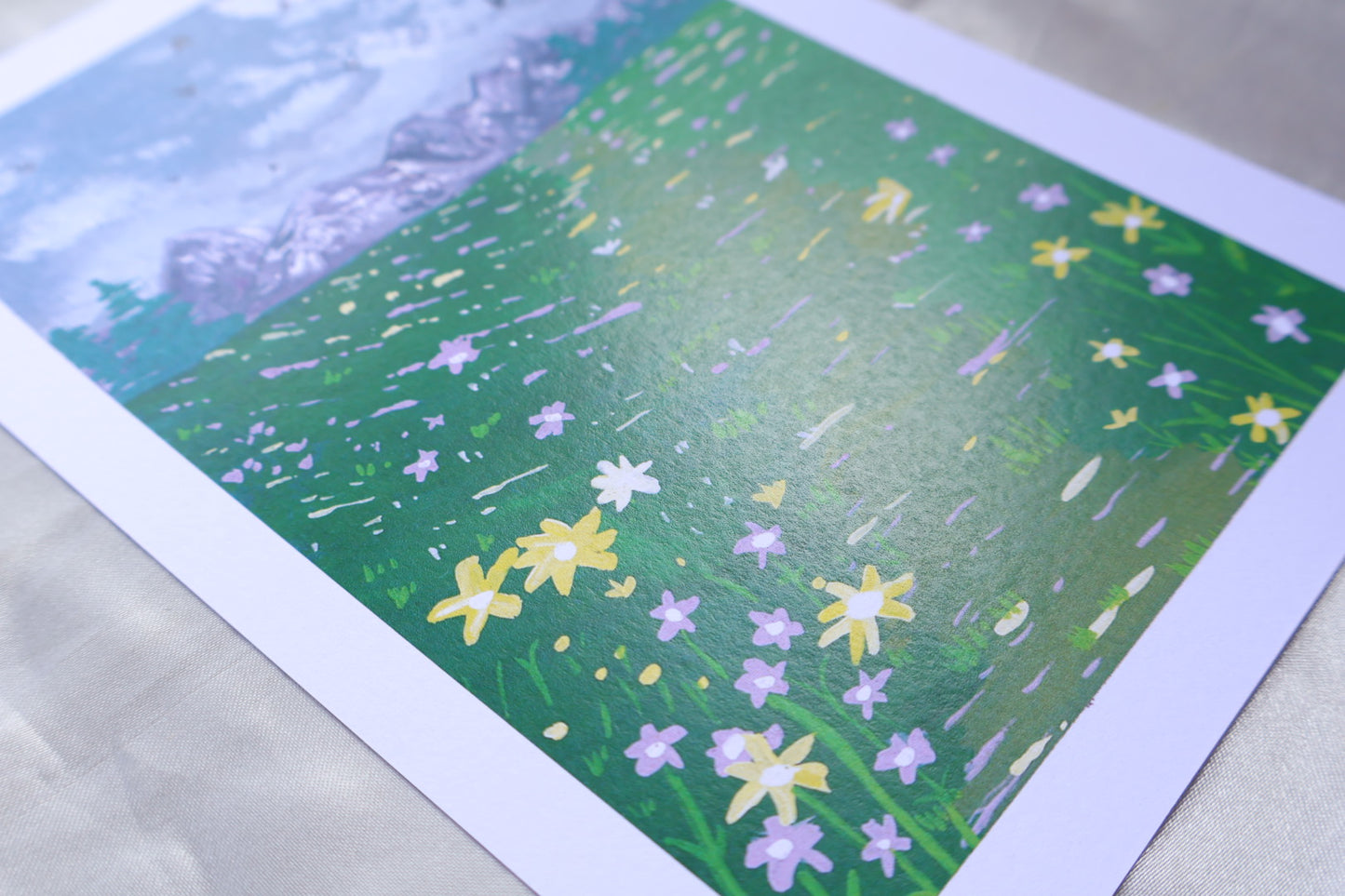 A path filled with hope despite darkness in life, with bright flowers like yellow, purple , white, on a path towards the mountain, and birds in the Sky.