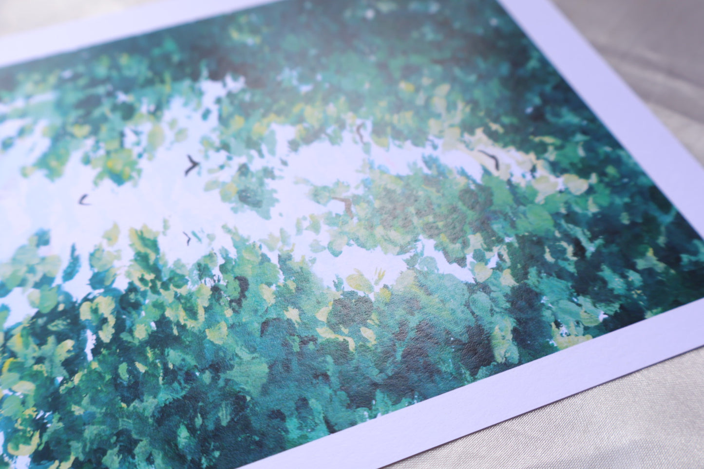 Clear clouds viewed from behind the trees, with the trees painted in an abstract yet realistic impressionism manner, with the use of different shades of green, followed by birds flying in the center, as though flying pass the clouds, then the trees, and towards the viewer's eyes.