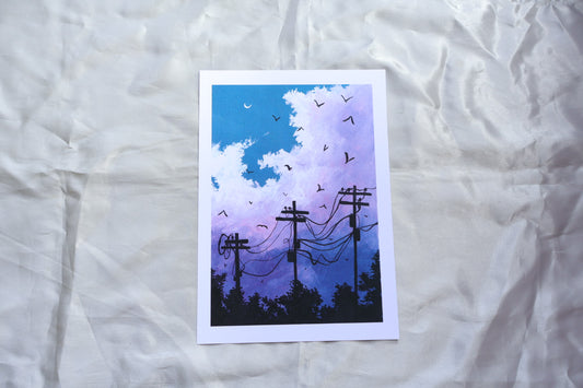 Big Purple clouds behind power lines, poles, and silhouettes of trees and bushes. Birds flying in the sky with a smiley moon at the top left against a cool blue sky.