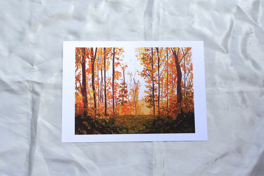 Art print of a painting of autumn vibes in the forest with orange trees and a dark green foreground
