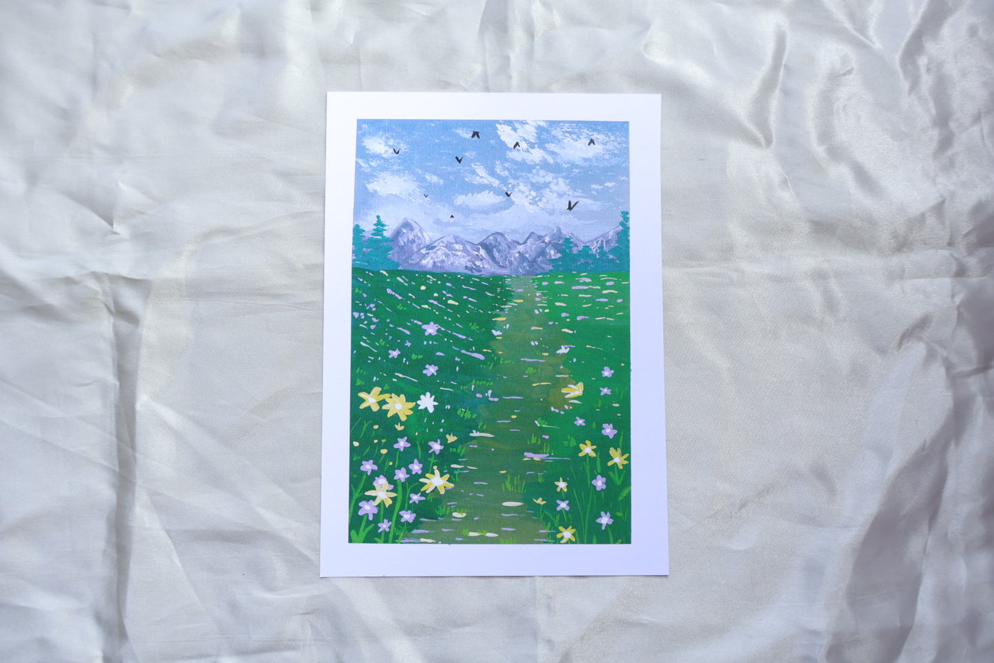 A path filled with hope despite darkness in life, with bright flowers like yellow, purple , white, on a path towards the mountain, and birds in the Sky.