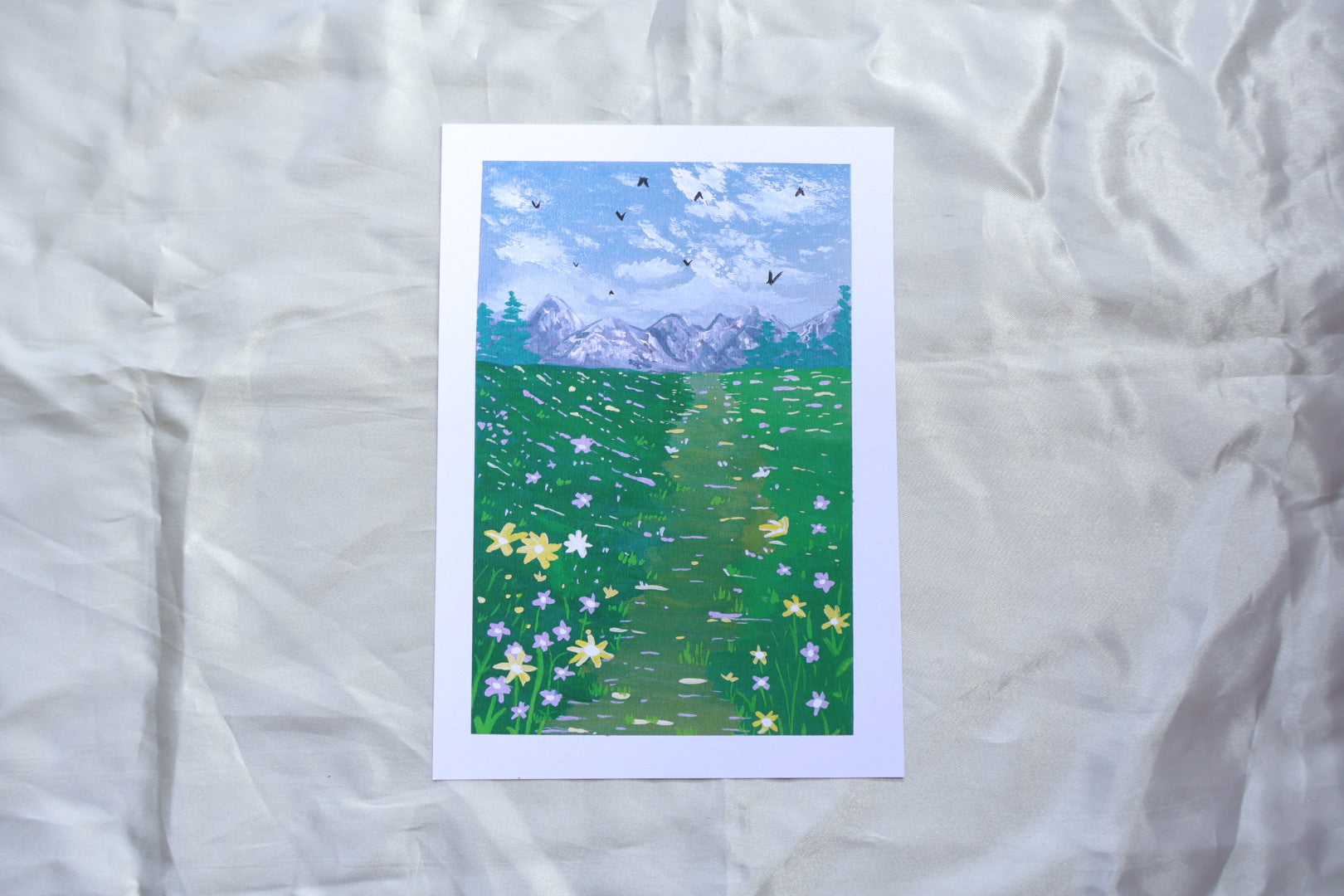 A path filled with hope despite darkness in life, with bright flowers like yellow, purple , white, on a path towards the mountain, and birds in the Sky.