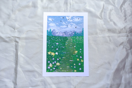 A path filled with hope despite darkness in life, with bright flowers like yellow, purple , white, on a path towards the mountain, and birds in the Sky.