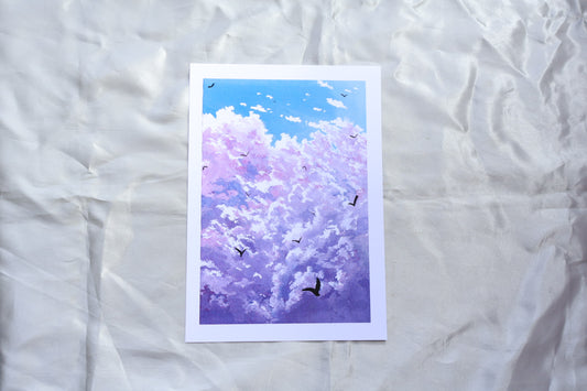 Purple cloud painting with birds in a blue background sky