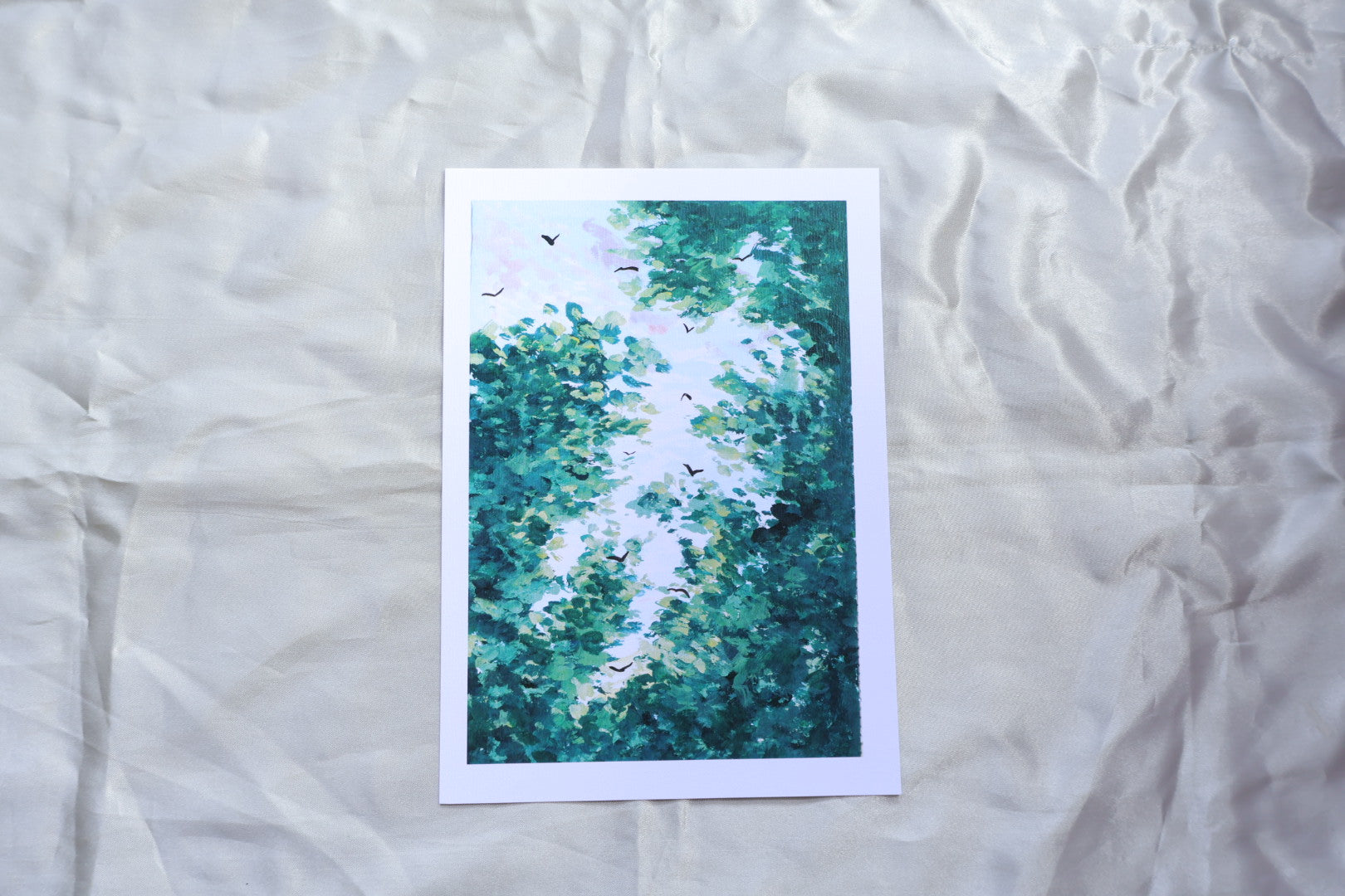Clear clouds viewed from behind the trees, with the trees painted in an abstract yet realistic impressionism manner, with the use of different shades of green, followed by birds flying in the center, as though flying pass the clouds, then the trees, and towards the viewer's eyes.