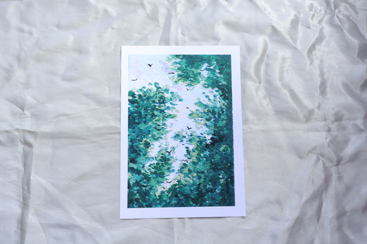 Clear clouds viewed from behind the trees, with the trees painted in an abstract yet realistic impressionism manner, with the use of different shades of green, followed by birds flying in the center, as though flying pass the clouds, then the trees, and towards the viewer's eyes.